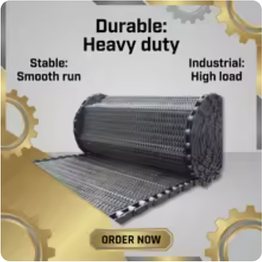A rolled spiral wire mesh conveyor belt on a promotional graphic