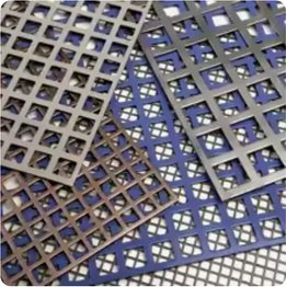 Stamped perforated metal speaker grille panels with square openings
